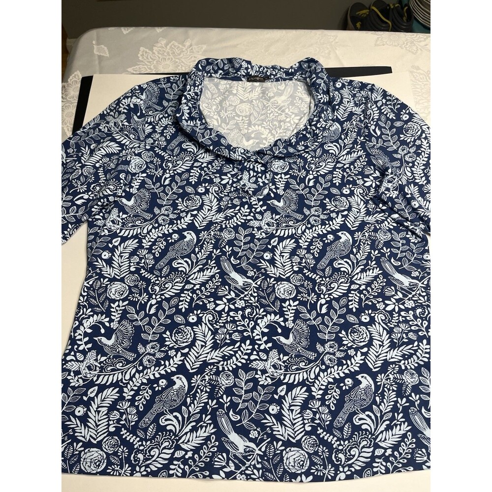 J. McLaughlin Blouse Blue White Floral Bird Ruffle V-Neck 3/4 Sleeve Sz XL